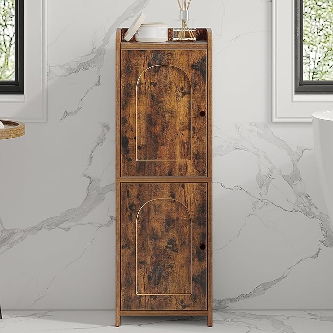 Bathroom Storage Cabinet, Corner Floor Cabinet with 2 Doors and Adjustable Shelf, Narrow Toilet Paper Cabinets, Bathroom Organizer for Small Spaces, 7.9" D x 9.8" W x 29.5" H Rustic Brown