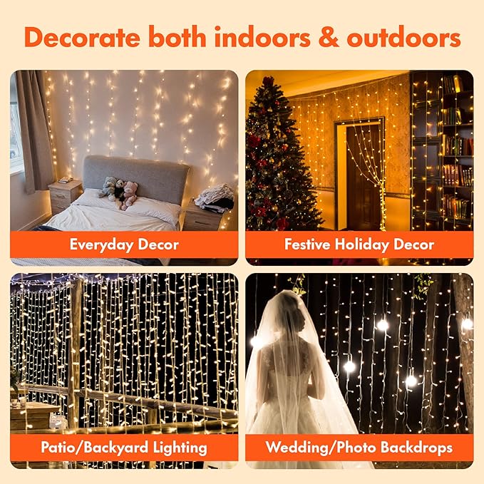 Twinkle Star 300 LED Curtain String Lights, 8 Modes Plug in Fairy Lights for Bedroom,Wedding,Party,Birthday, Hanging Twinkle Light for Indoor Outdoor Wall Window Backdrop Decoration, Warm White