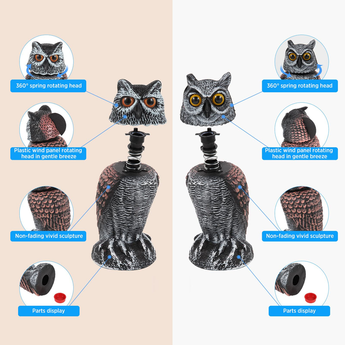 Hedoc 2 Pack Fake Owl Decoys to Scare Birds Away, Rotating Head Bird Deterrents, Nature Enemy Scarecrow Plastic Statues, Pest Repellent for Gardens and Patios