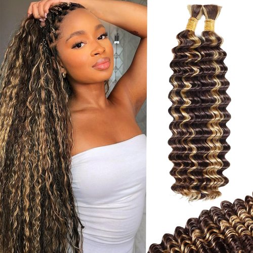 Human Braiding Hair Deep Wave Bulk Human Hair for Braiding 4/27 Honey Blonde No Weft Curly Braiding Hair Extensions for Boho Braids Wet and Wavy Braiding Human Hair Bundles 30 Inch 100g