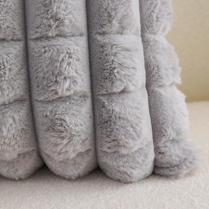 Neelvin Grey Faux Fur Cozy Soft Plaid Decorative Throw Pillow Covers 22x22 inch Set of 2,Velvet Pillowcase Cushion Case for Sofa Couch