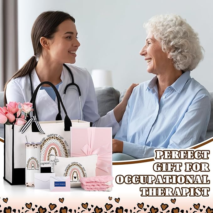 Geiserailie 8 Pcs Christmas Occupational Therapist Gifts for Women Including Large Tote Bag Cosmetic Bags Tumbler Cup Plush Socks Metal Keychain Card and Envelope for Christmas OT Thank You Gifts