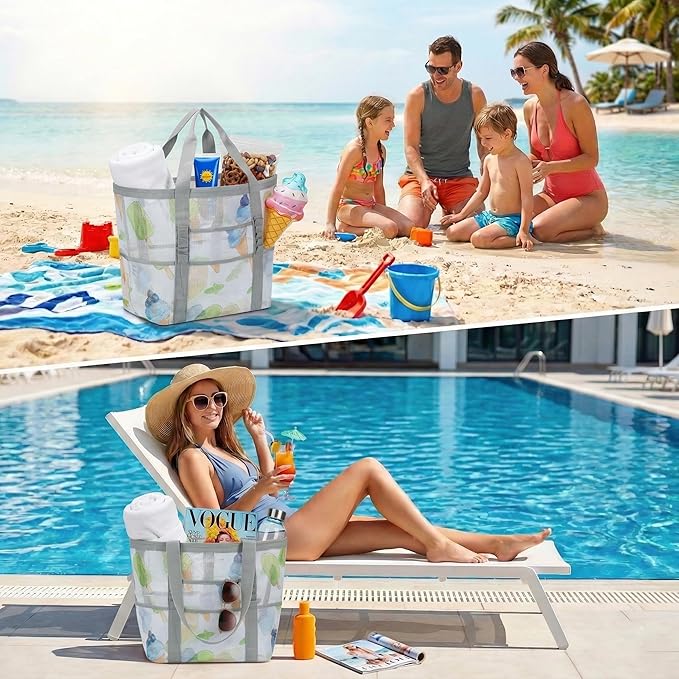 Mesh Beach Bags for Family - Women Beach Tote Bag for Toys, Towels, Travel Vacation Cruise Essentials