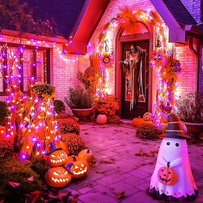 70 ft Purple-Orange LED String Lights – 210 LEDs on Transparent Wire, Waterproof & Connectable Holiday Décor – Spooky Halloween & Warm Christmas Ambiance