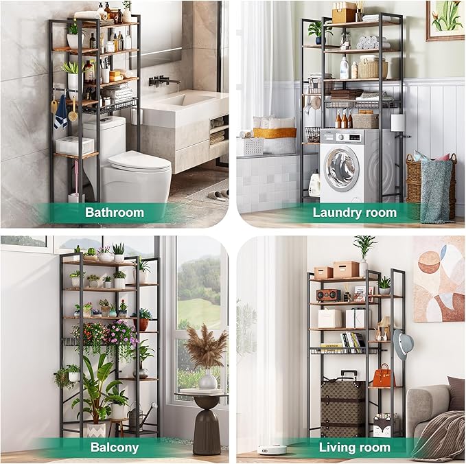 8-Tier Over The Toilet Storage with Side Rack, Over Toilet Storage Rack with Adjustable Shelf & Drain Basket, Freestanding Bathroom Organizer for Balcony, Laundry (Vintage Brown)