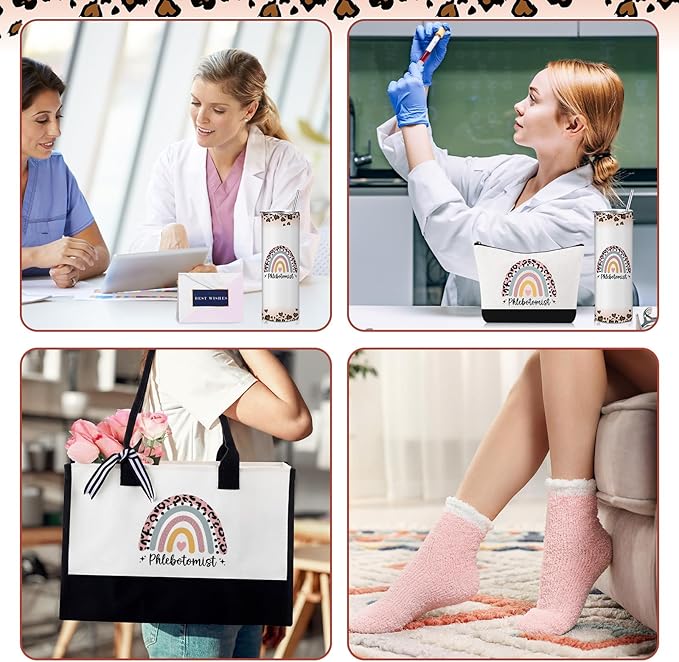 Geiserailie 8 Pcs Phlebotomist Week Gifts for Women Including Large Tote Bag Cosmetic Bags Tumbler Cup Plush Socks Metal Keychain Card and Envelope for Phlebotomist Week Thank You Gifts