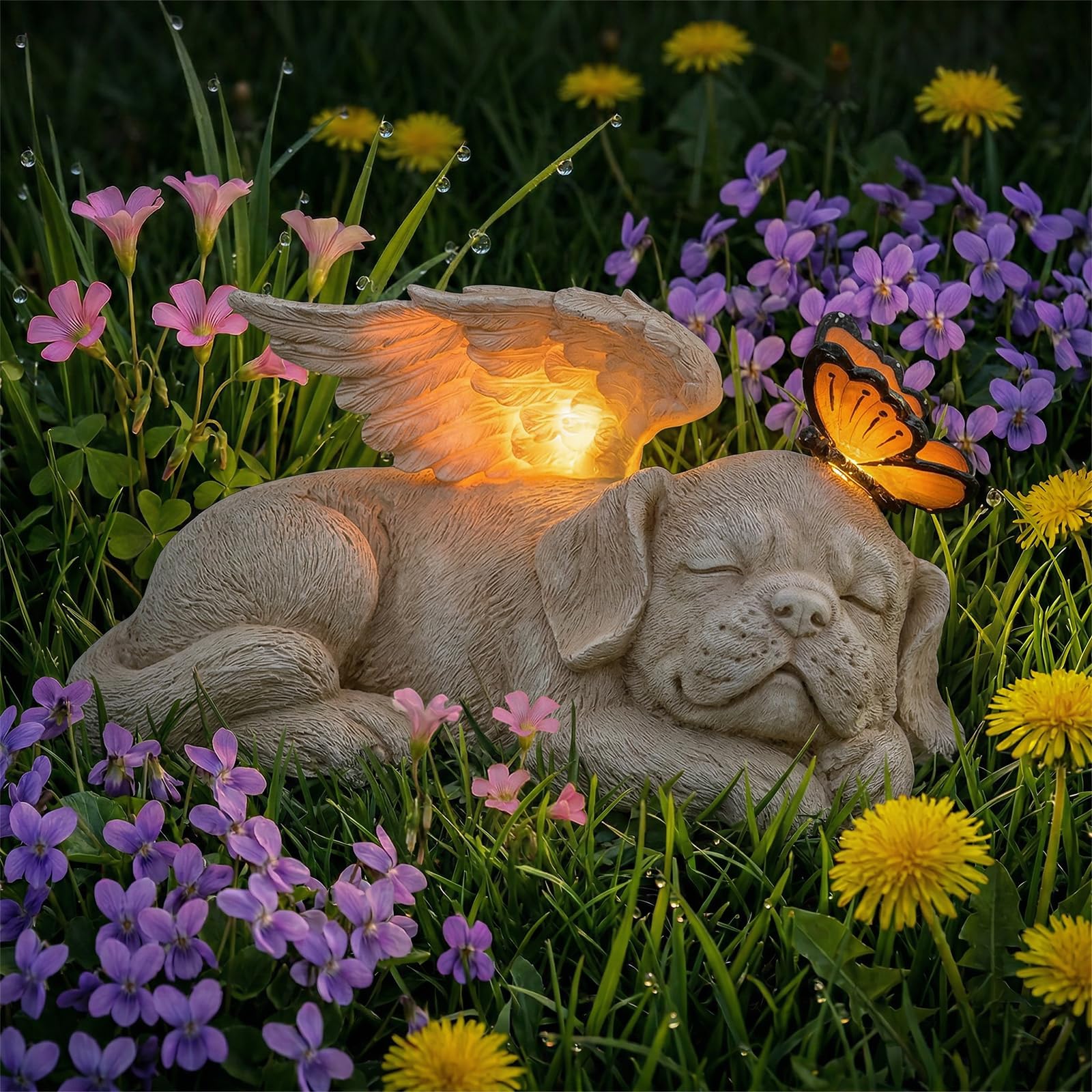 Sleeping Dog Angel Statue with Solar Light, Dog Memorial Garden Statue
