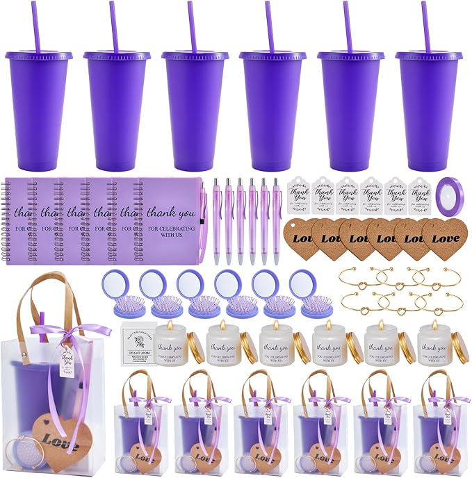 56Pcs Baby Shower Prizes for Game Winners Baby Shower Favors Gifts including Plastic Tumbler Notebook Scented Candles Ballpoint Pen Mirrors with Hair Brushes Bracelet Gift Bag (Purple)