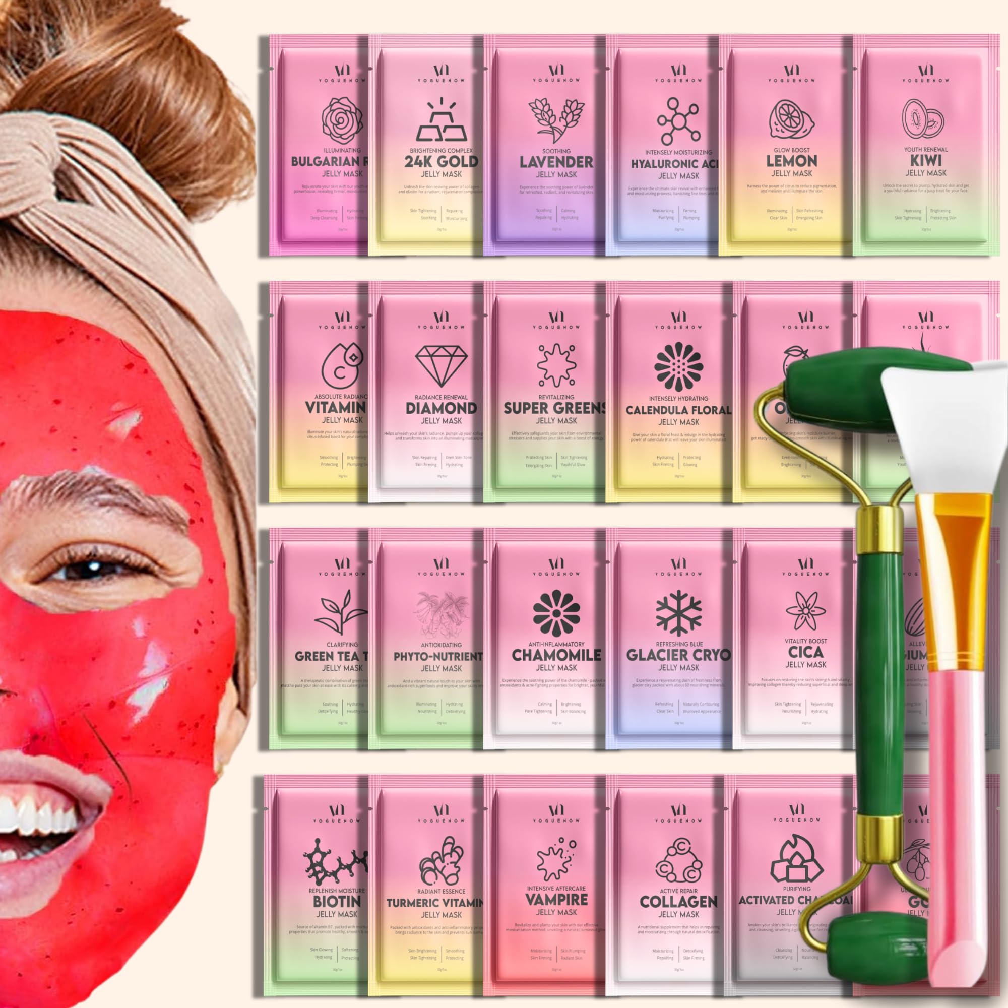 Jelly Mask for Facials - 24 Flavors Hydrating & Brightening Jelly Face Masks | Free Jade Roller & Spatula | Bulgarian Rose, Lavender, Hyaluronic Acid, 24K Gold face mask skin care |Vajacial Jelly Mask