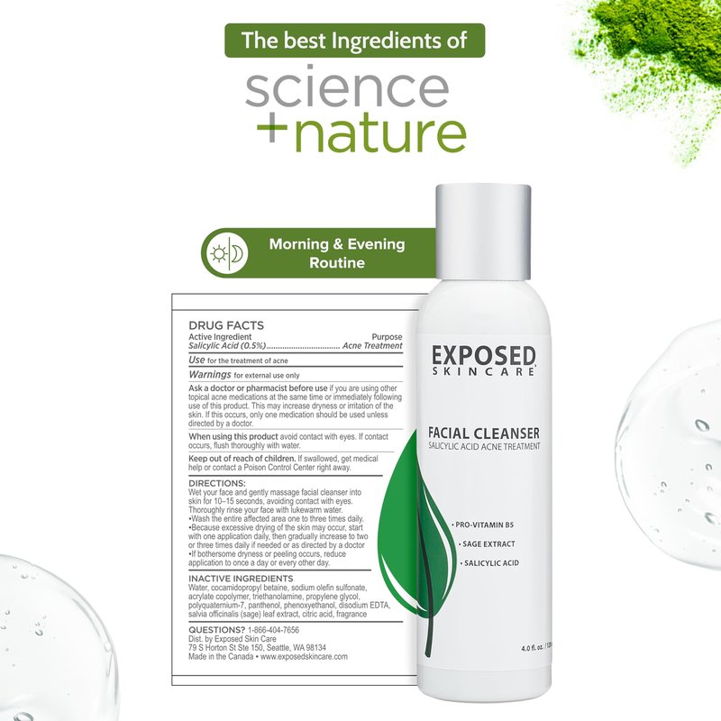 Exposed Skin Care, Acne Facial Cleanser with 0.5% Salicylic Acid for Sensitive and Acne-Prone Skin – Gentle Daily Face Wash for Breakout, Blackhead and Excess Oil – Natural, Non-toxic and Cruelty Free