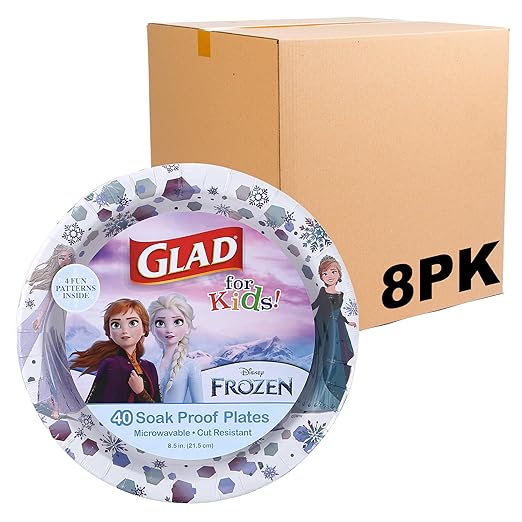 Glad for Kids Disney Frozen Disposable Paper Plates, Anna and Elsa - Heavy Duty, Soak Proof, Microwavable, Kid-Friendly Snack Plates for Everyday Use, 8.5 Inch, 40 Count - 8 Pack