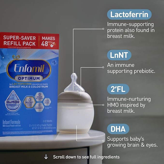 Enfamil Optimum (Enspire), Our Closest Formula to Breast Milk, Immune-Supporting Lactoferrin and Brain-Supporting DHA Baby Formula, Powder 30 Oz Refill (Pack of 2)