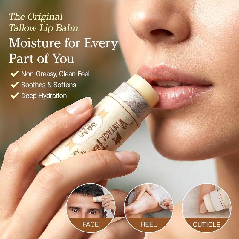 Vintage Tradition Moisturizing Beef Tallow Lip Balm – Tube Lip Moisturizer with Vanilla Extract Hydrates & Soothes Dry Lips – Grass-Fed Tallow Balm for Skin Care, 0.5 Fl. Oz.