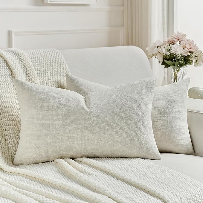 FUTEI Cream Chenille Decorative Throw Pillow Covers 12x20 Inch Set of 2,Soft Cozy Faux Linen Textured Lumbar Pillow Cases,Farmhouse Home Decor for Couch Living Room