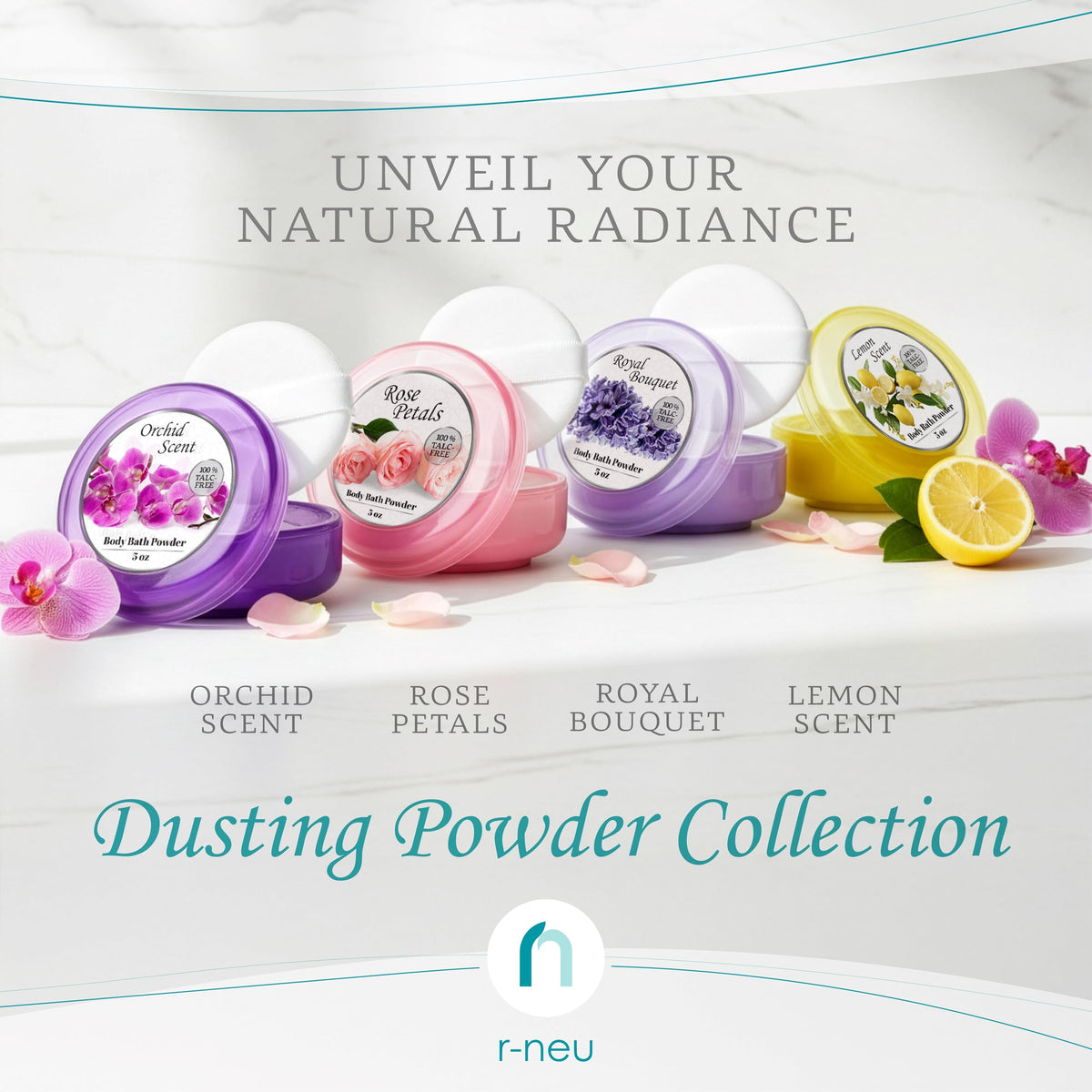 R-NEU 2 Pack Body Powder for Women with Powder Puff, 100% Talc-Free, Elegant Rose Petal & Royal Bouquet Scented Dusting Powder, After Bath for Soft Skin, Extra Large, (2 Pack, 5 Oz Each)