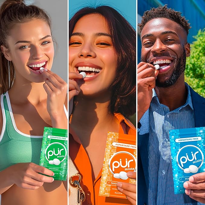 PUR Mints | Aspartame Free Breath Mints | Made with Xylitol | Sugar Free, Vegan, Gluten Free | Natural Flavor, Variety Pack | 65 Pieces in Re-Sealable pouch (Pack of 3)