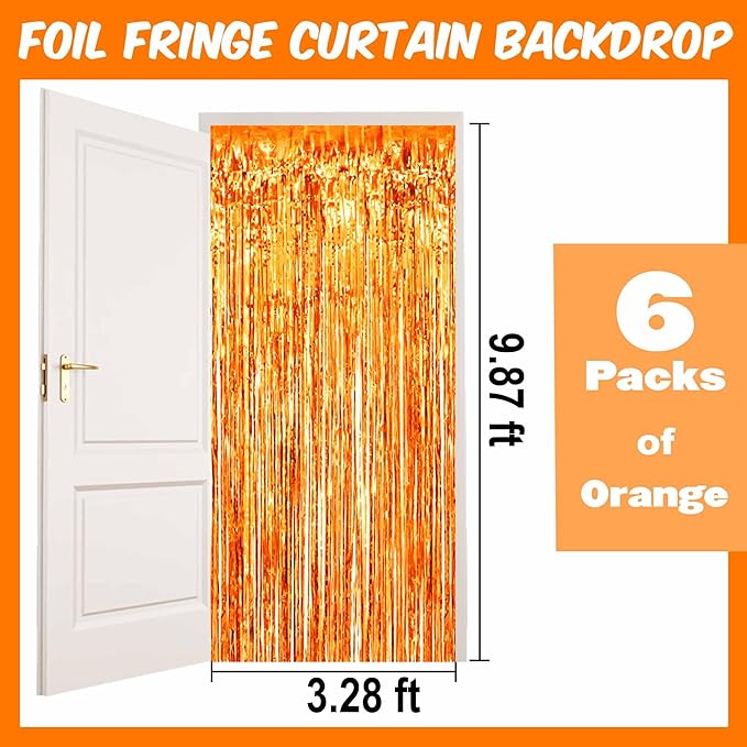6 Pack Orange Foil Fringe Curtains Backdrop, 3.28 x 9.8 Ft Metallic Streamers Tinsel Curtains Background for Photo Booth, Birthday, Halloween, Christmas, Thanksgiving, New Year Party Decorations