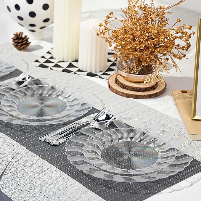 Lullaby 60PCS Clear Scalloped Plastic Plates, Disposable Elegant Party Plates Include 30pcs Dinner Plate 10.25", 30pcs Plastic Dessert Plate 7.5", Perfect for Wedding and Party