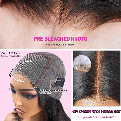 UWLK 4x4 Glueless HD Lace Closure Wig Human Hair Body Wave Lace Closure Wigs Human Hair Pre Plucked Wear And Go Body Wave Wig Human Hair 26 Inch