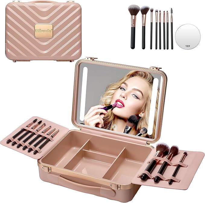 Mocado Travel Makeup Case with Lighted Mirror, 8 Makeup Brushes & 10x Magnifying Mirror, Adjustable Brightness Train Case (Pink)