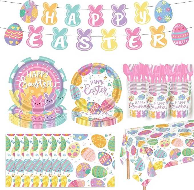 52 Pcs Easter Party Supplies Easter Party Decoration with Happy Easter Banner Bunny Dinnerware Tablecloth Disposable Paper Plates Napkins Colorful Eggs Cups Easter Spring Holiday Party Decoration