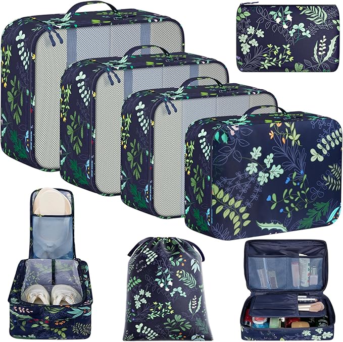 BAGAIL 8 Set Packing Cubes Luggage Packing Organizers for Travel Accessories-Navy Leaf