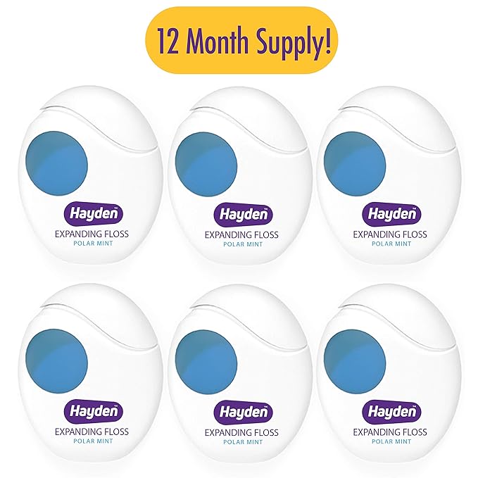 Hayden Expanding Dental Floss. Expands To Clean Between Tight Teeth. 6 Pack Value. Fresh Feeling Polar Mint Woven Floss. Anti Tartar Actives for Gentle Care. 180 Yards. Expandable Clean. PFA Free.