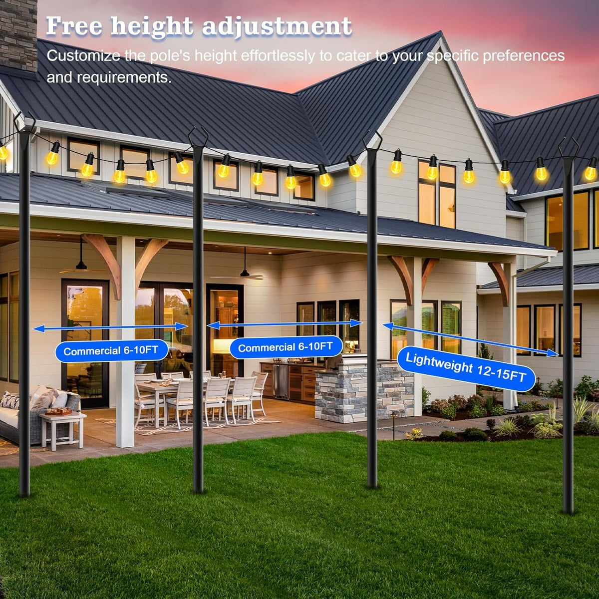 SINLEY 4 Pack String Light Poles,10 Ft Metal Poles with Fork for Outdoor String Lights,Outdoor Light Poles with Fork,Poles/Post/Stand for Outside,Patio,Deck,Backyard,Garden Wedding,Party