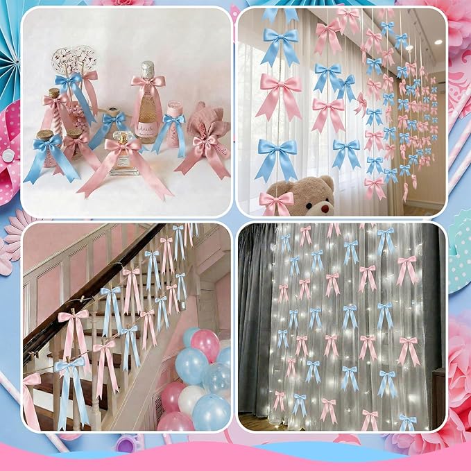 2 Strings Baby Pink & Blue Bow Garland Banner Decorations, 16Pcs Pre-Strung Satin Ribbon with 6.7ft Chain for Pink Blue Ribbon Bow Banner Coquette Room Birthday Baby Shower Gender Reveal Party Decor