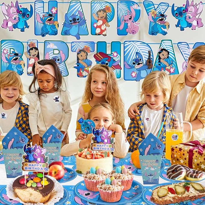 Stitch kids Birthday Party Supplies decoration Set – 125PCS, for16 Guests,1Tablecloth,16 Plates,16Napkins, Banner, Stickers, Cake Topper,16 Invitations card with envolopes,16 Blowouts &16Popcorn Boxes