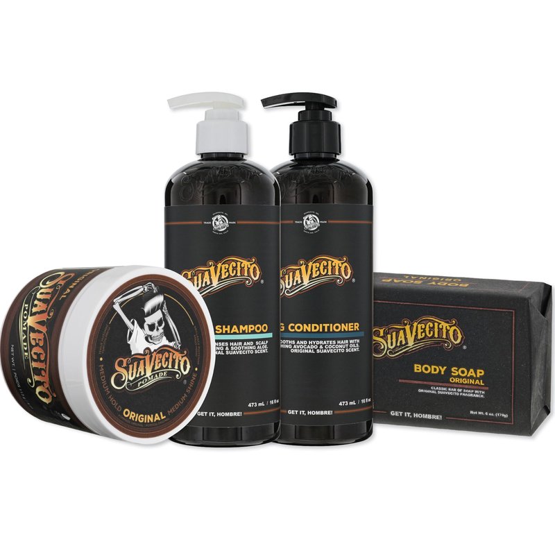 Suavecito Hair & Body Essentials Bundle: Original Hold Hair Styling Pomade, Moisturizing Body Soap, Hydrating Shampoo & Nourishing Conditioner