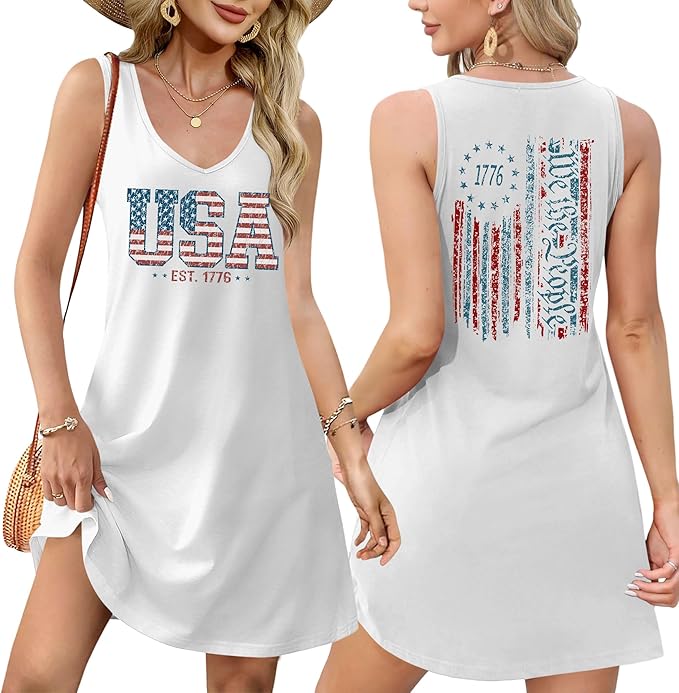 LHBNK 4th of July Dress for Women: American Flag Tank Dresses Star Striped Splicing Loose V Neck Sundresses