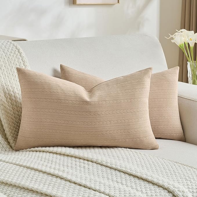 FUTEI Khaki Decorative Throw Pillow Covers 12x20 Inch Set of 2,Soft Cozy Wheat Ear Striped Patterns Lumbar Pillow Cases,Modern Home Decor for Couch Bed Living Room