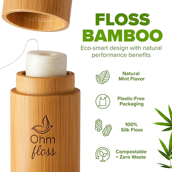 Ohm Earth’s Ohm Floss – Natural Silk Dental Floss with Refillable Bamboo Holder, Naturally Waxed with Candelilla 100% Compostable, 55 yds/50m Spool – Eco-Oral Care, Natural Mint