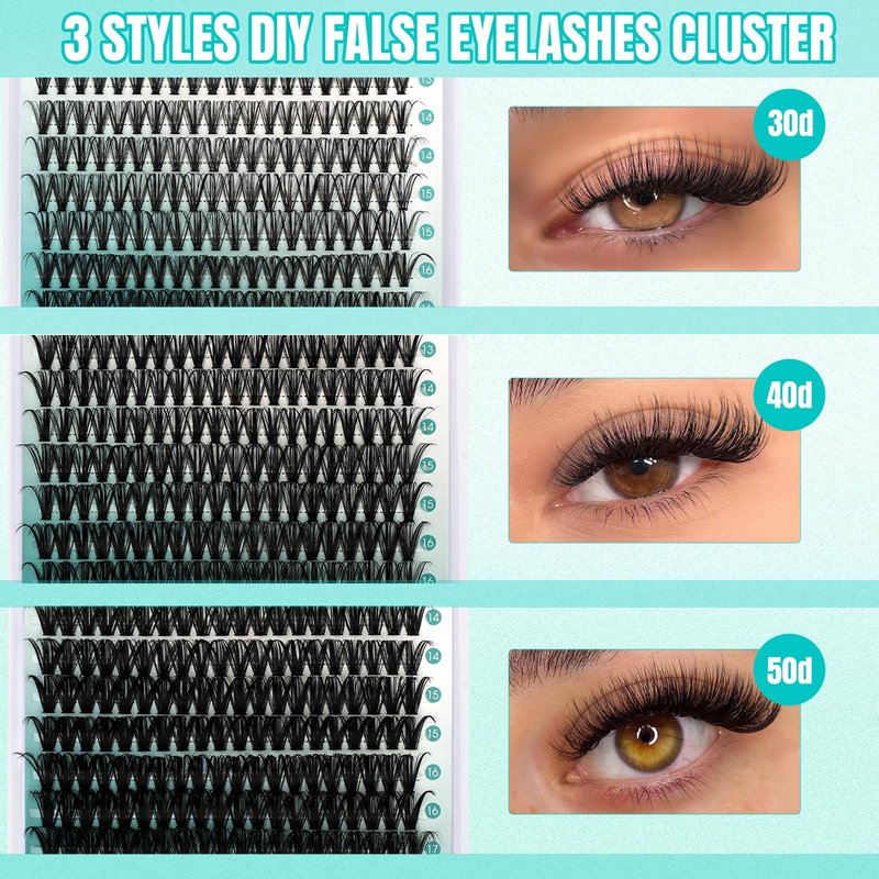 GEMERRY Lashes Clusters Kit Thick Lash Clusters 3 Styles 840Pcs Fluffy Lash Clusters Kit with Waterproof Bond and Seal Remover Tweezers for Beginners（30P+40P+50P）