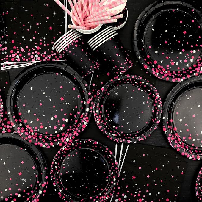 Pink Black Party Decoration - Pink and Black Birthday Party Tableware Supplies Includes Plates, Cups, Napkins, Tablecloth, Straws (20)