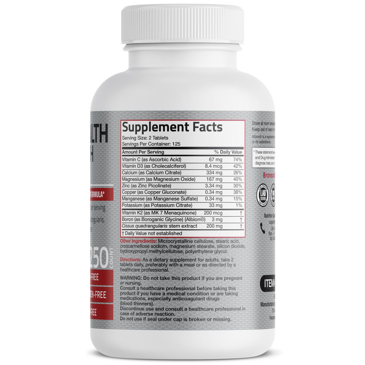 Bronson Bone Health & Strength Complex* High Potency Formula 200 MCG of Vitamin K2 as MK7, Plus Calcium, Boron, Cissus Quadrangularis, Magnesium, Vitamin D3, and More - Non-GMO, 250 Tablets