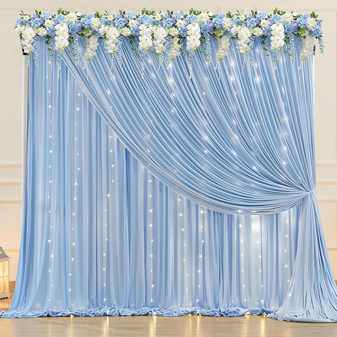 20 x 10ft Baby Blue Backdrop Curtains with Lights String for Baby Shower Photo Backdrop Drapes Wrinkle Free Polyester Long Curtains for Parties Wedding Reception Bridal Shower Ceremony-5 x 10ft 4Panel