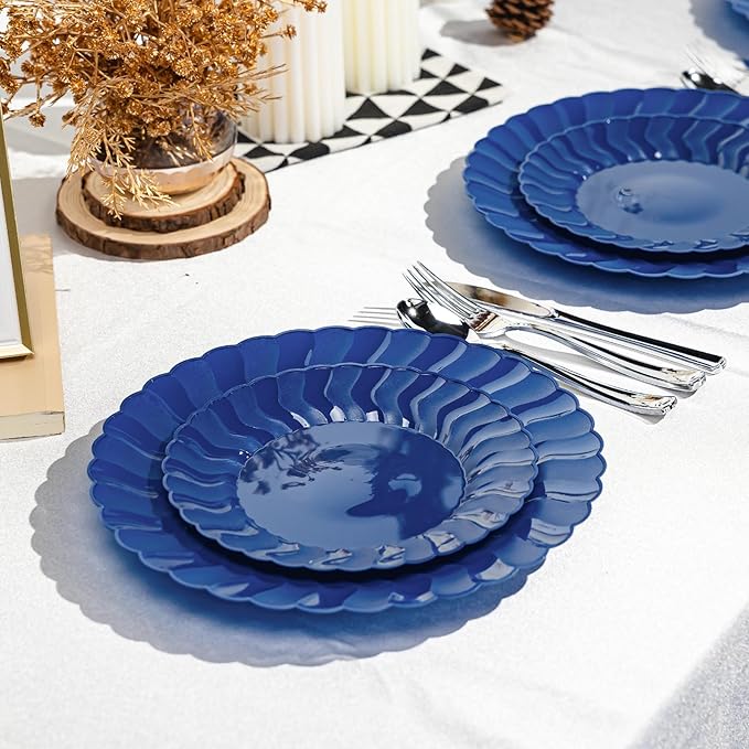 Lullaby 60PCS Navy Blue Scalloped Plastic Plates, Disposable Elegant Party Plates Include 30pcs Dinner Plate 10.25", 30pcs Plastic Dessert Plate 7.5", Perfect for Wedding and Party