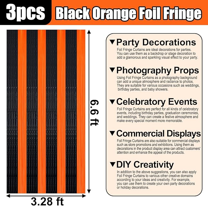 3 Pack Black Orange Foil Fringe Curtain Backdrop, 3.28Ft x 6.6Ft Metallic Tinsel Foil Fringe Streamer Curtains for Photo Booth, Christmas Day, Thanksgiving, Wedding, New Year Party Decorations