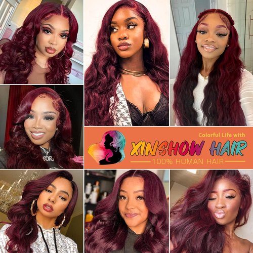 99j Burgundy Lace Front Wigs Human Hair Pre Plucked 13x6 Lace Frontal Human Hair Wigs for Black Women Body Wave Glueless Human Hair Wig 180% Density Pre Plucked Bleached Knots with Baby Hair （20 Inch）
