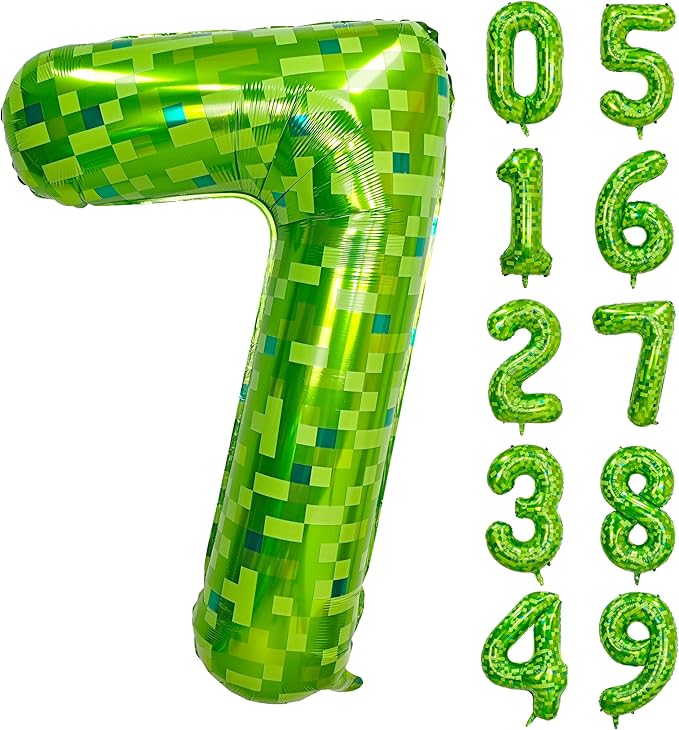 40 inch giant Green pixel miner game number 7 balloon Large mining theme foil balloon 0-9 Suitable for pixel game parties children's birthdays party anniversary celebrations baby shower decoration