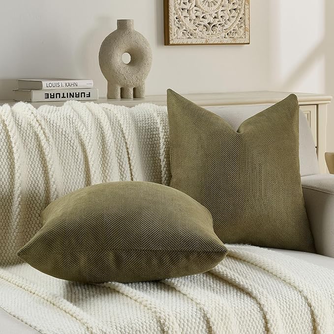 FUTEI Olive Green Chenille Throw Pillow Covers 22x22 Inch Set of 2,Soft Wide Chevron Textured Cushion Case,Farmhouse Home Decor for Couch Bed Living Room
