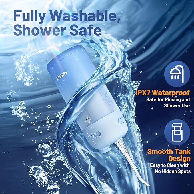 Portable Water Flosser for Teeth Cleaning - Cordless Dental Pick Electric Oral Irrigator for Travel, Kids, with 3 Modes 8 Pressure Settings, 2 Tips, 150ML, Mini Size, IPX7, Gradient Blue