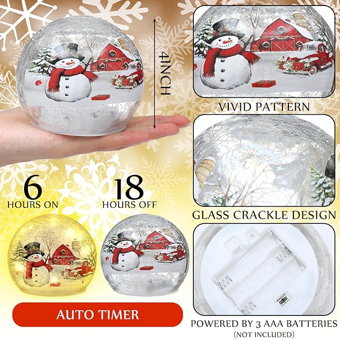 2 Pcs Christmas Decorations Indoor Snowman Crackle Glass Globe 4" Ball Lamp Night Lights with LED Timer Battery Operated Lighted Christmas Table Decorations for Home Centerpiece Party Gift