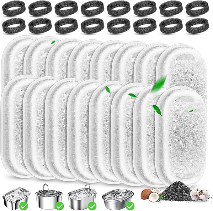 Cat Water Fountain Filters Replacement, 16 Pcs Pet Water Fountain Filter with 16 Pcs Foam Sponges for 67oz/2L & 108oz/3.2L Stainless Steel Pet Cat Water Fountain Dispenser Filters