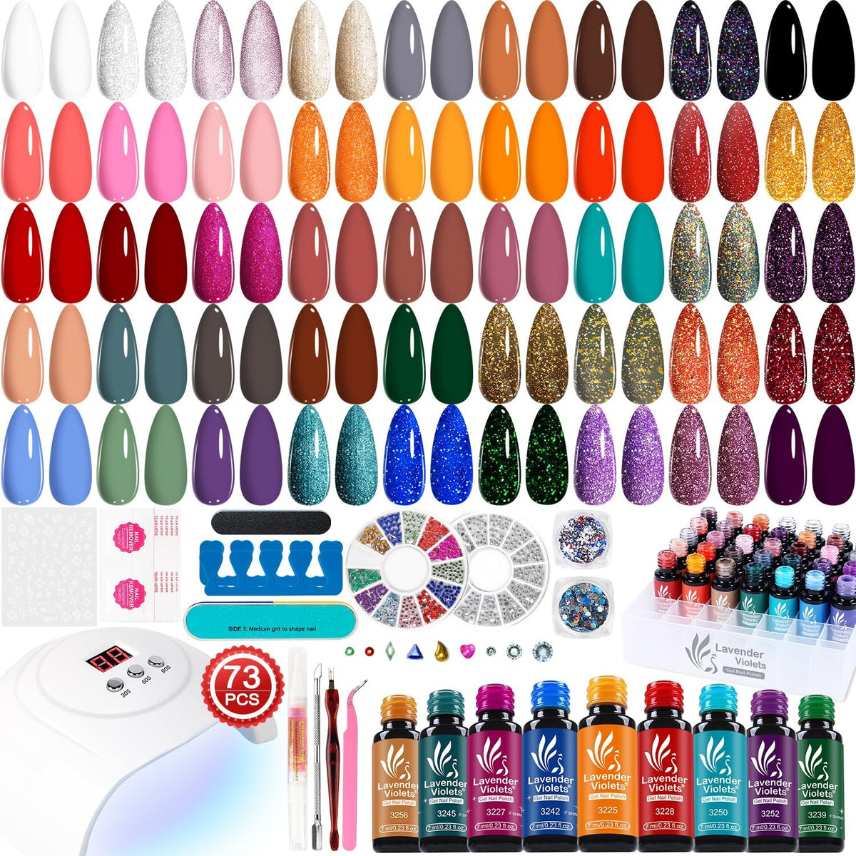 Lavender Violets 73 Pcs Gel Nail Polish Kit with U V Light, 45 Colors with Nail Primer,Builder Base,Matte & Glossy Top Coat Soak Off Manicure Tools Gifts for Women LA06