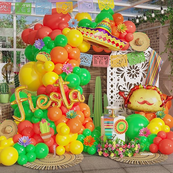 Mexican Fiesta Balloon Arch Kit,Cinco De Mayo Party Decorations,Giant Fiesta Letter Straw Hat Taco Foil Balloons Rainbow Balloon Arch Kit for Carnival Birthday Party Tropical Decoration
