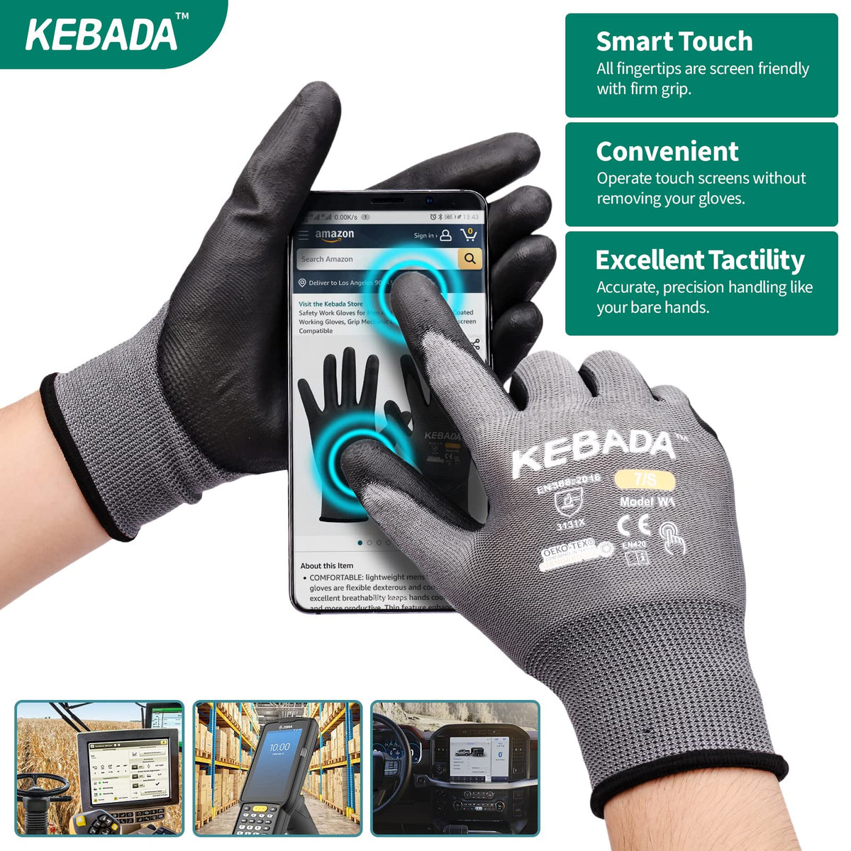 Kebada W1 Work Gloves for Men and Women, PU Coated Safety Gloves with Grip, Touchscreen, Ideal for Warehouse Package Handling, Construction, Gardening, 12 Pairs Gray Medium