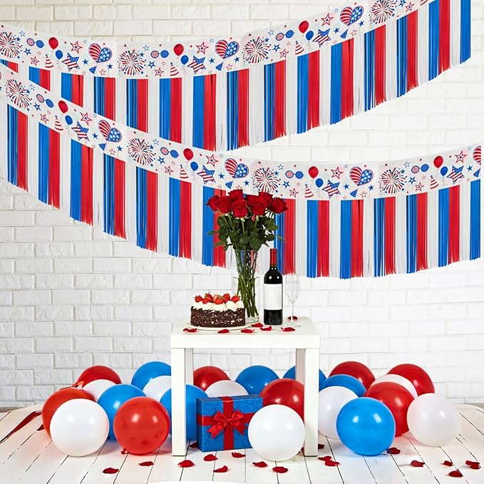 4th of July Decoration 4 Packs 10 Feet Long Foil Fringe Star Garland Memorial Day USA Red White Blue Independence Day Tinsel Metallic Streamers Patriotic Banner Car Parade Floats Garden Trailer